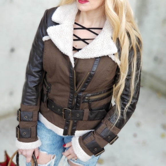 Sherpa Detailed Moto Womens Jacket Fall Wi… - Picture 3 of 4